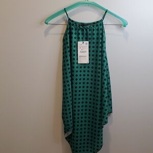 NWT Zara Green w Black Polka Dots Handkerchief Style Tank Top Size S (49)